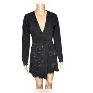 Misguided black women long sleeve distressed v-neck denim dress size 4